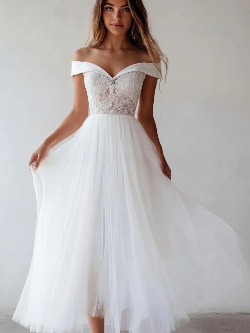 Wedding Dress Off the Shoulder Lace Ballgown White Size M Tea Length Tule Puffy